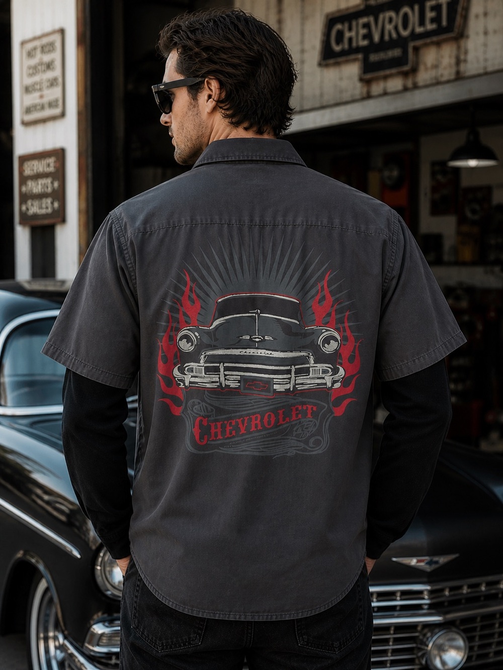 Gray Long Sleeve Work Shirt with Chevrolet Hot Rod Flame Graphic – Men Large